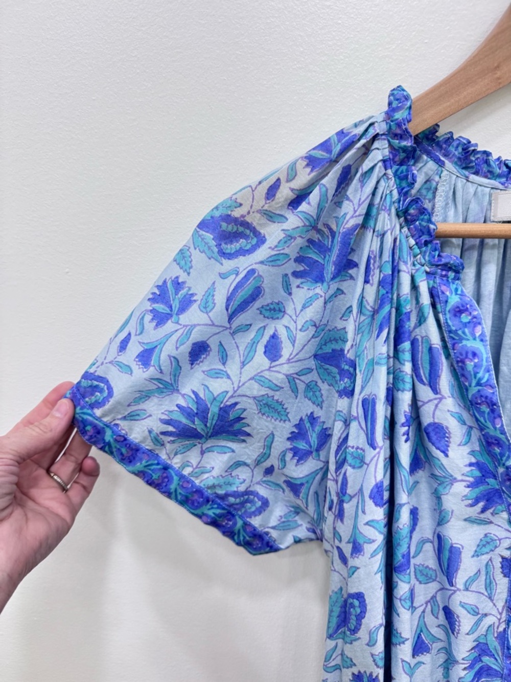 Bella Tu Shirtdress block print ruffle blue purple Sz LG no belt - Picture 4 of 6